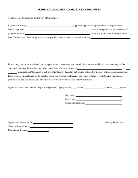 First page of the Affidavit of Notice to Abutters and Others