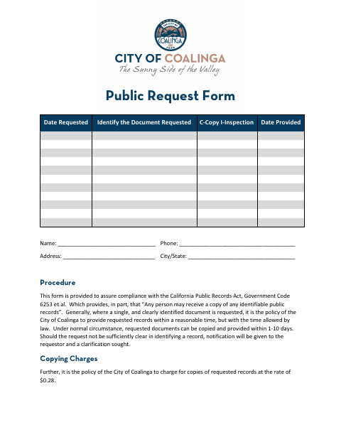 First page of the Public Request Form