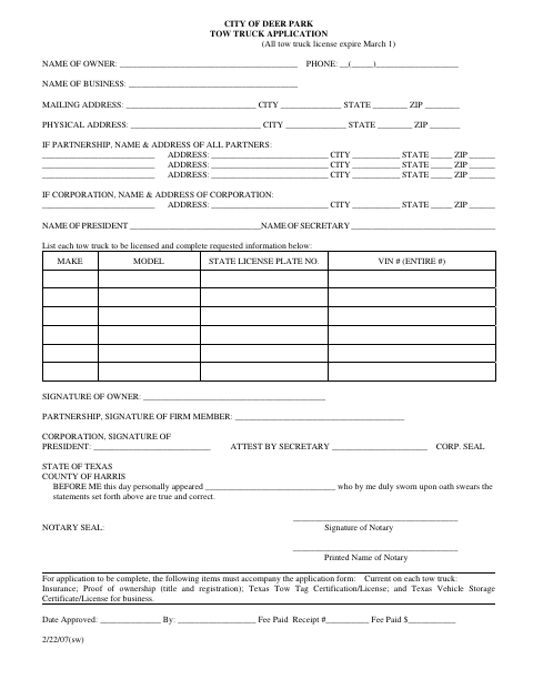 First page of the Tow Truck Application and Inspection Checklist