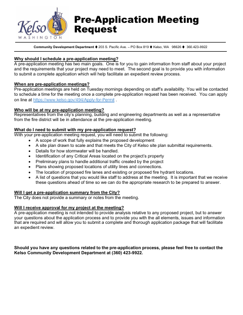 First page of the Pre-Application Meeting Request