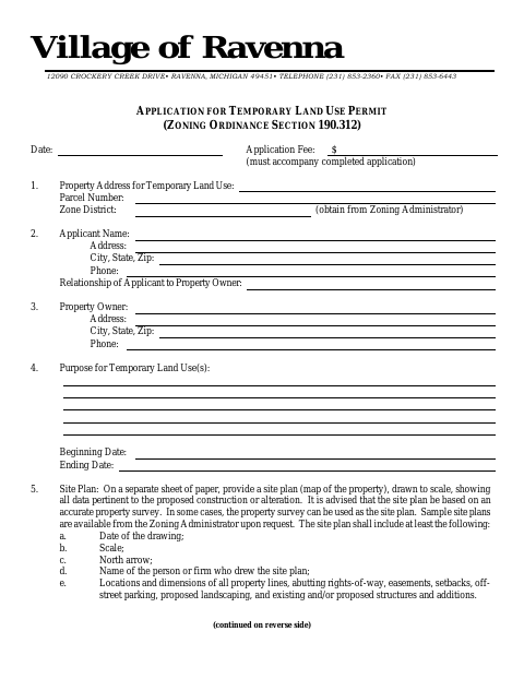 First page of the Application for Temporary Land Use Permit