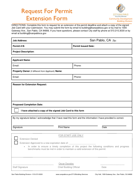 First page of the Request for Permit Extension Form