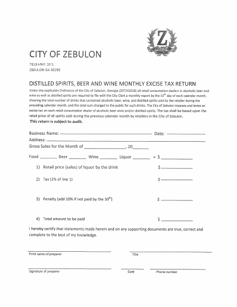 First page of the Monthly Excise Tax Return