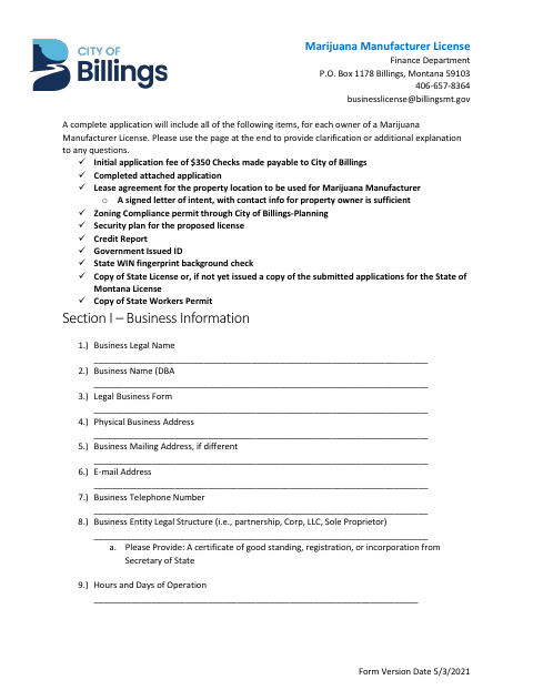 First page of the Marijuana Manufacturer License