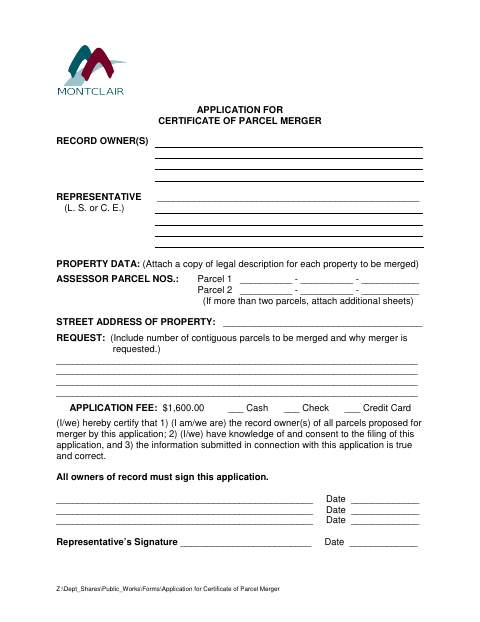 First page of the Certificate of Parcel Merger Application
