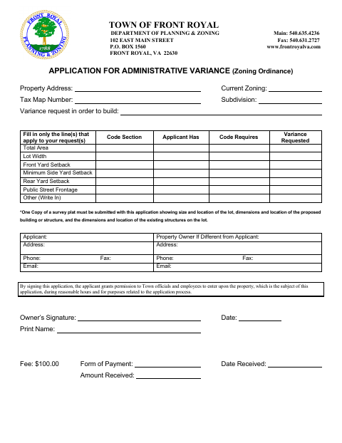 First page of the Application for Administrative Variance