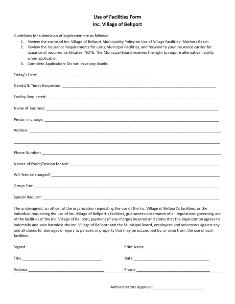First page of the Use of Facilities Form
