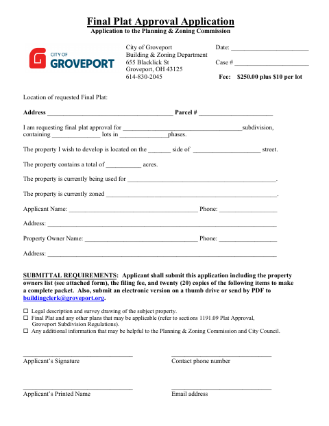 First page of the Final Plat Approval Application