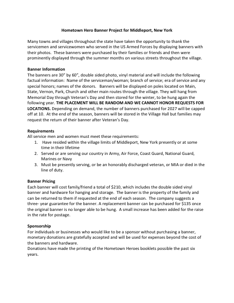 First page of the Hometown Hero Banner Project Application
