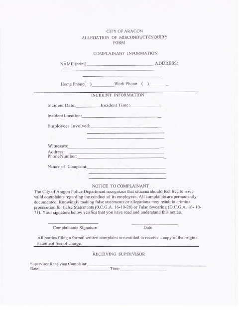 First page of the Allegation of Misconduct/Inquiry Form