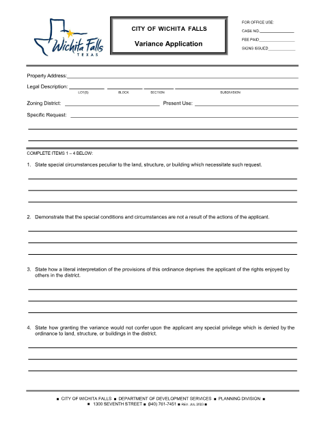 First page of the Variance Application
