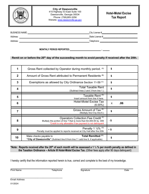 First page of the Hotel-Motel Excise Tax Report