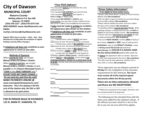 First page of the Municipal Court Plea Form
