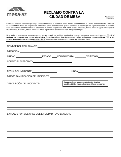 First page of the Claim Against the City of Mesa