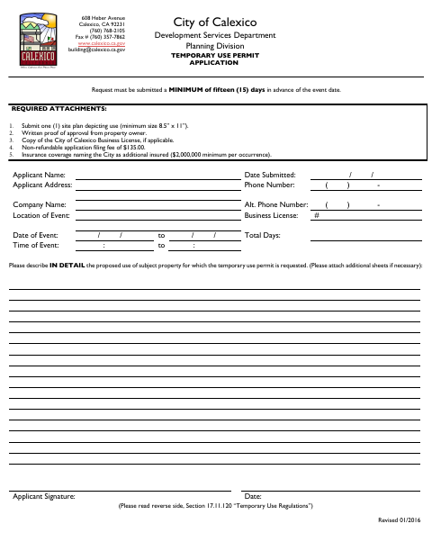 First page of the Temporary Use Permit Application