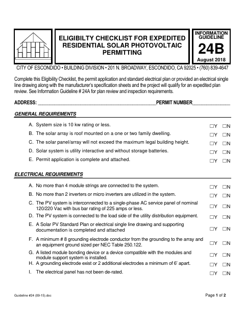 First page of the Eligibility Checklist for Expedited Residential Solar Photovoltaic Permitting