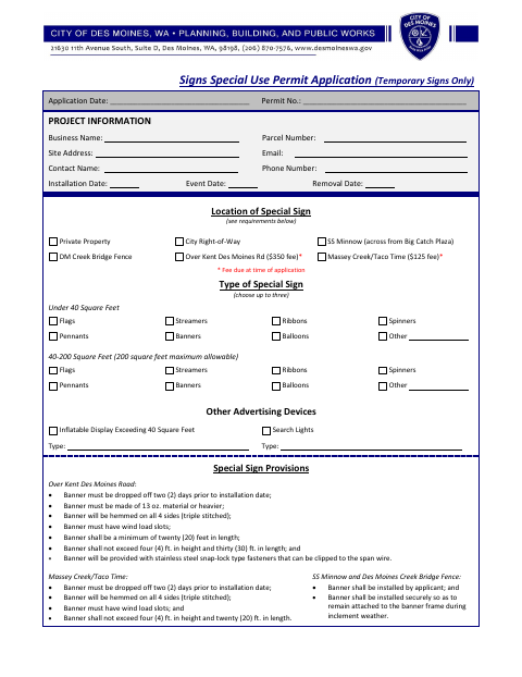 First page of the Signs Special Use Permit Application (Temporary Signs Only)