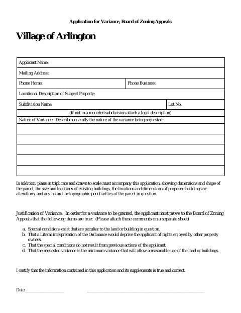 First page of the Application for Variance, Board of Zoning Appeals