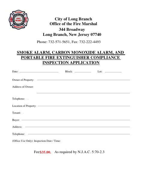 First page of the Smoke Alarm, Carbon Monoxide Alarm, and Portable Fire Extinguisher Compliance Inspection Application