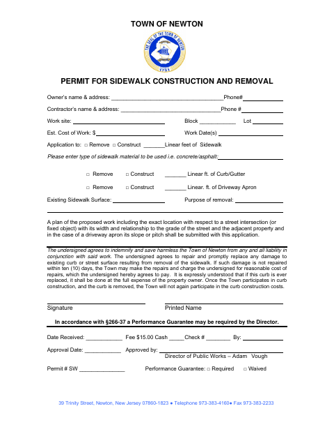First page of the Permit For Sidewalk Construction And Removal