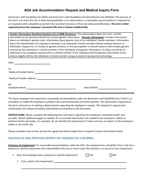 First page of the ADA Job Accommodation Request and Medical Inquiry Form