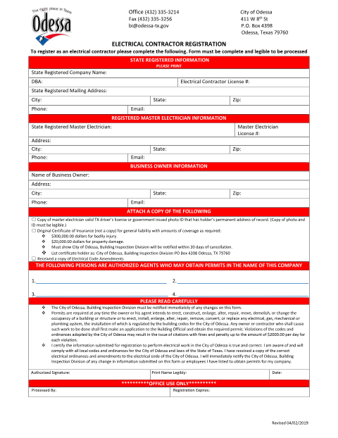 First page of the Electrical Contractor Registration