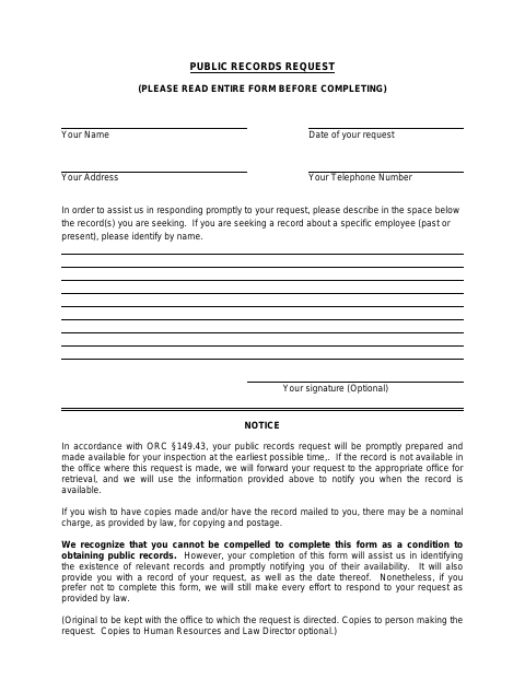 First page of the Public Records Request Form