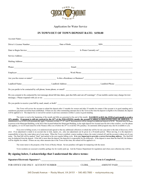 First page of the Application for Water Service