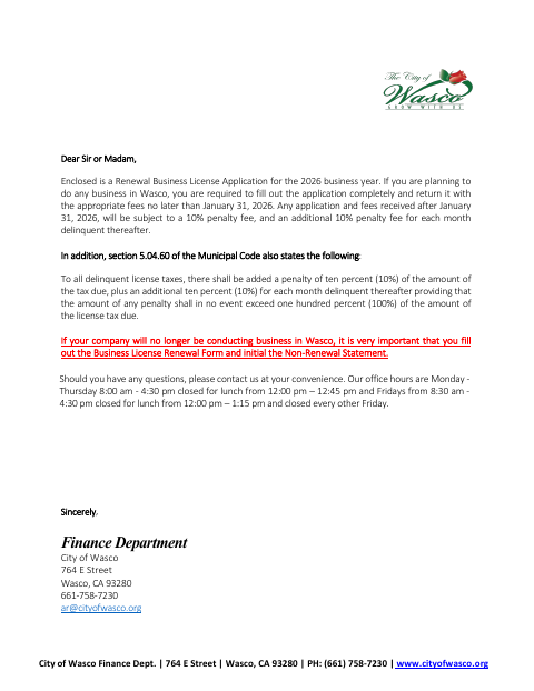 First page of the 2026 Business License Renewal Application
