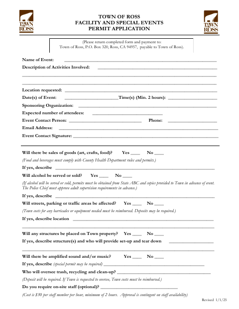 First page of the Facility and Special Events Permit Application