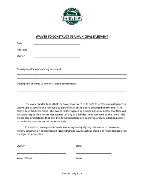 First page of the Waiver to Construct in a Municipal Easement