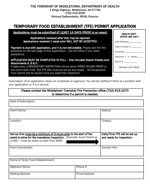 First page of the Temporary Food Establishment Permit Application