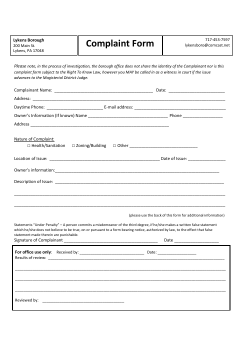 First page of the Complaint Form