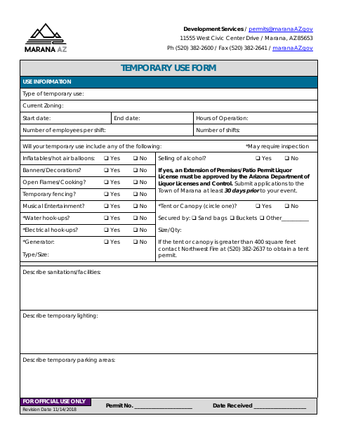 First page of the Temporary Use Form