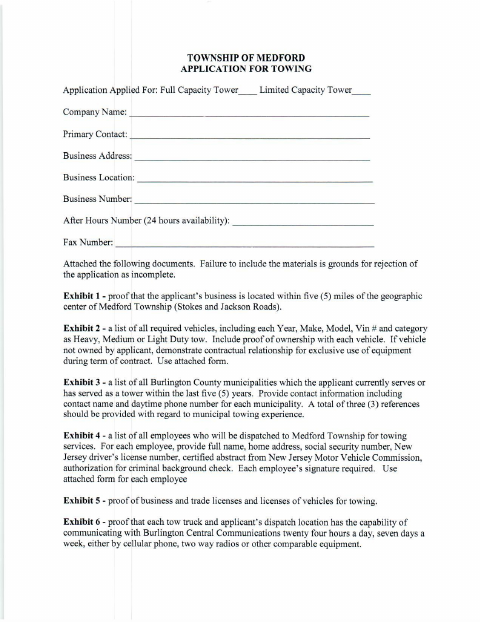 First page of the Application for Towing