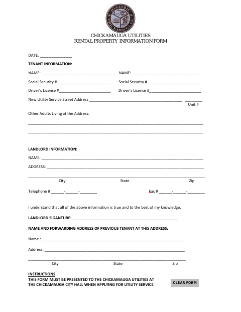 First page of the Utilities Rental Property Information Form