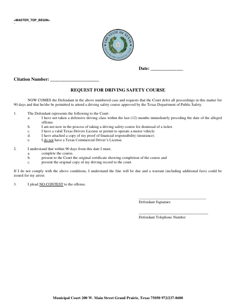 First page of the Request for Driving Safety Course