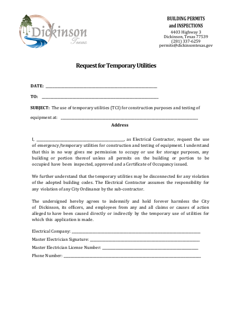 First page of the Request for Temporary Utilities