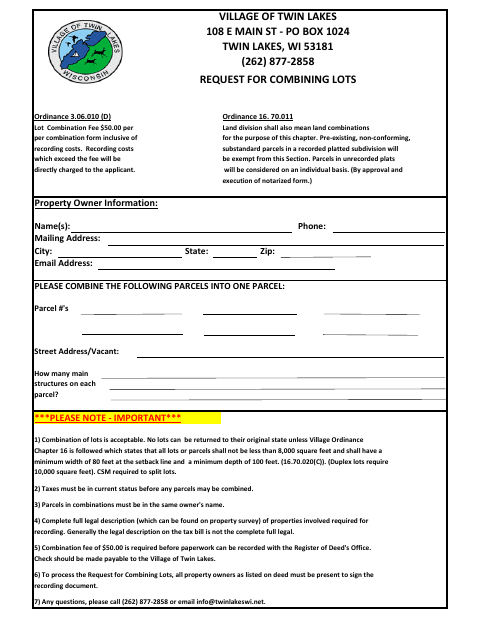 First page of the Request for Combining Lots