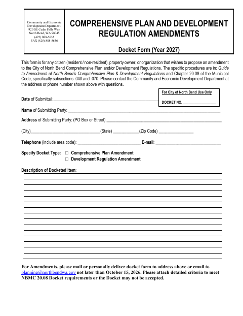 First page of the Comprehensive Plan and Development Regulation Amendments Docket Form