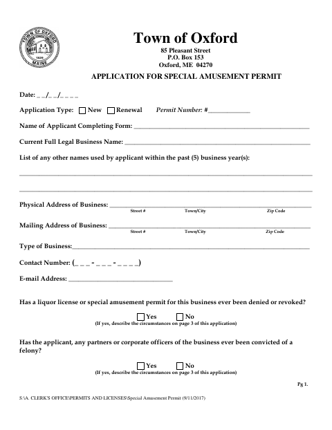 First page of the Special Amusement Permit Application