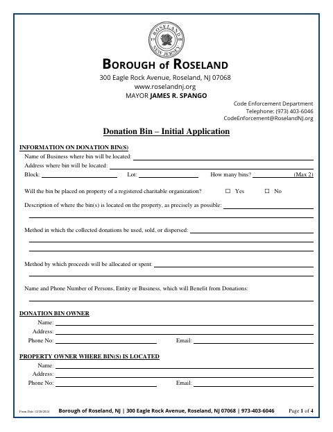 First page of the Donation Bin – Initial Application