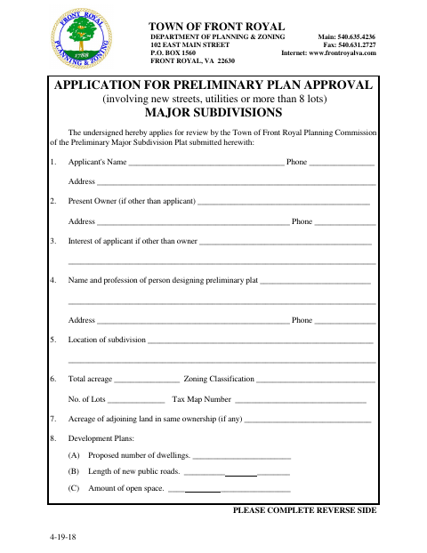 First page of the Application for Preliminary Plan Approval