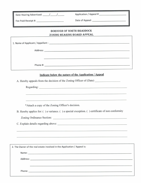 First page of the Zoning Appeal Application