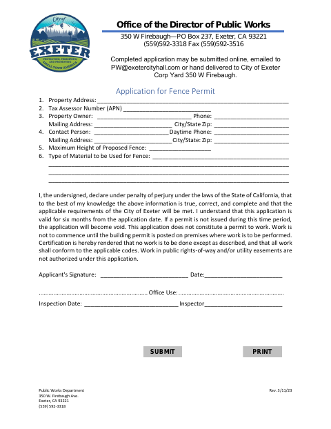 First page of the Fence Permit Application