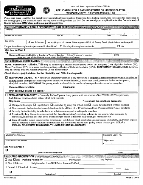 First page of the Handicapped Parking Permit Application