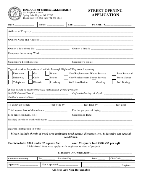 First page of the Street Opening Application