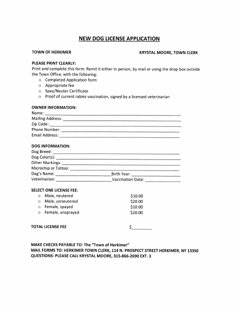 First page of the New Dog License Application
