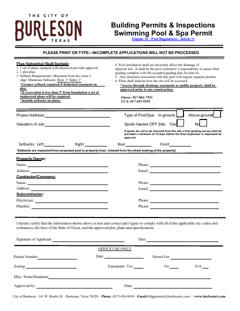 First page of the Swimming Pool & Spa Permit