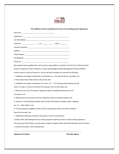 First page of the Residential Erosion Control Affidavit